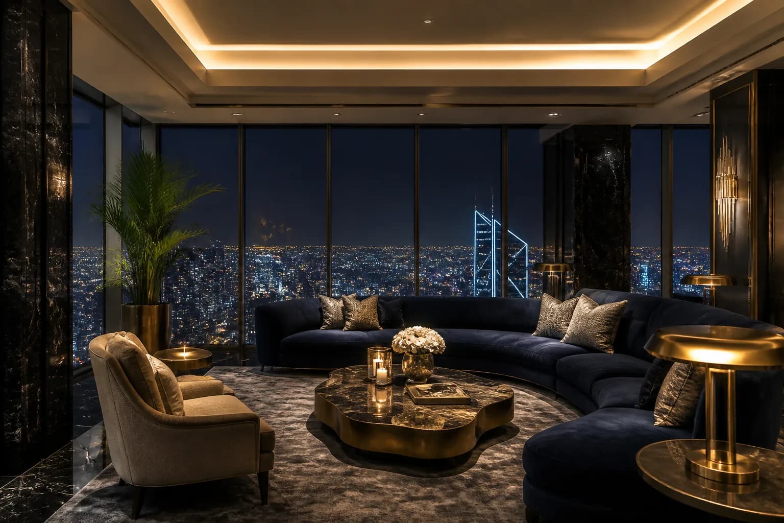 Penthouse living room with panoramic night views