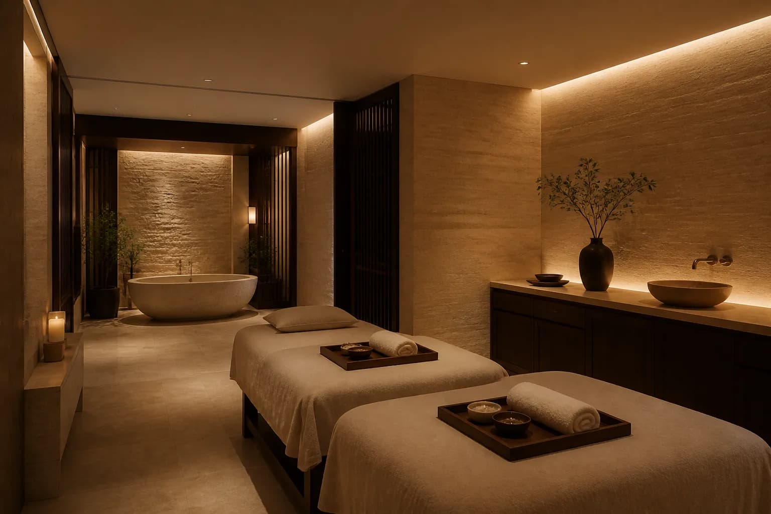 Spa treatment room in travertine and linen